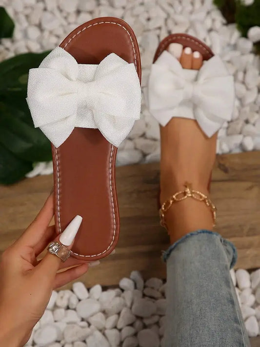 Bow Knot Decor Pu Leather Insole Flat Slippers