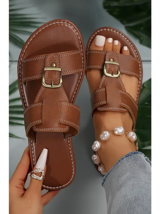 Buckle Decor Dual Bands Pu Leather Flat Slippers