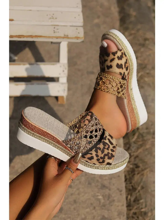 Leopard/ Floral Print Braided Details Wedge Slippers