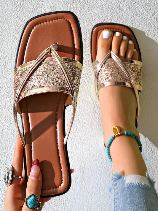 Glitter Band Square Toe Pu Leather Flat Slippers