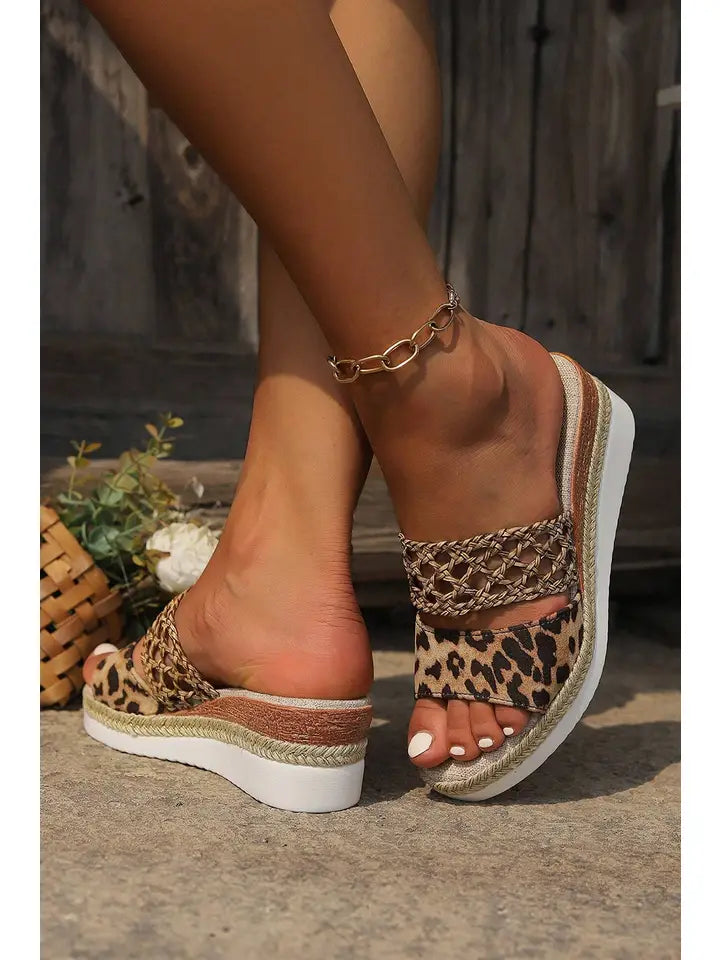 Leopard/ Floral Print Braided Details Wedge Slippers
