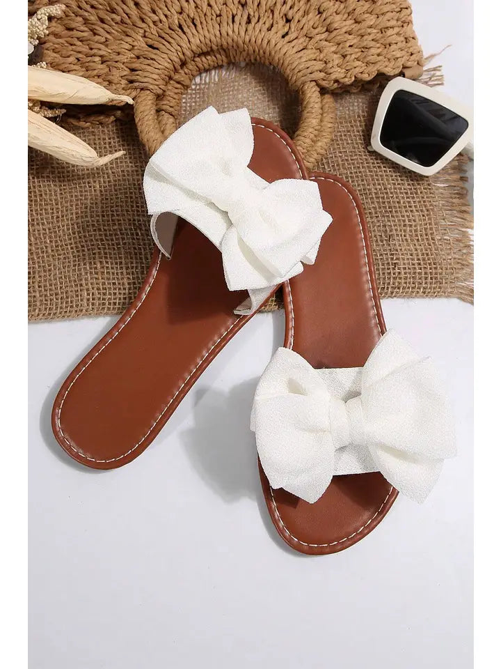 Bow Knot Decor Pu Leather Insole Flat Slippers