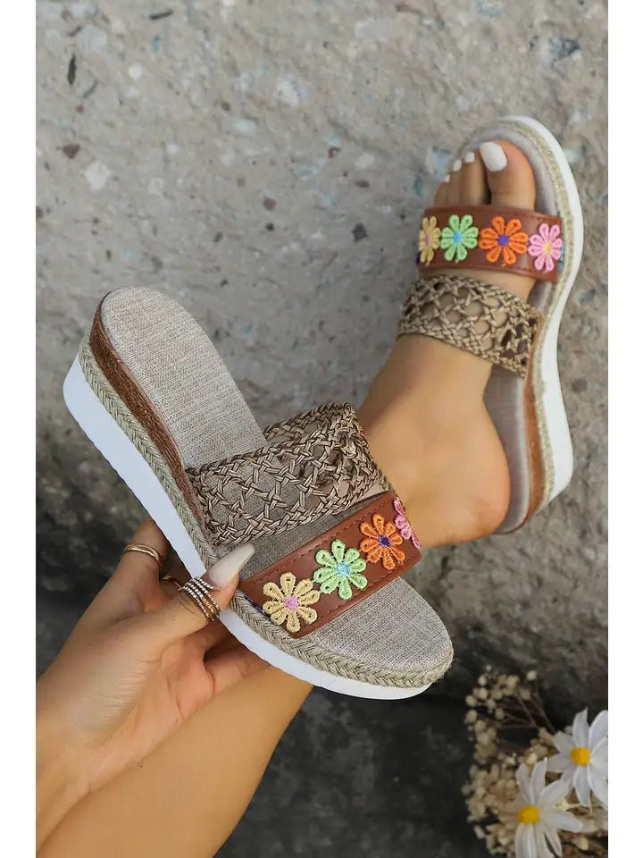 Leopard/ Floral Print Braided Details Wedge Slippers