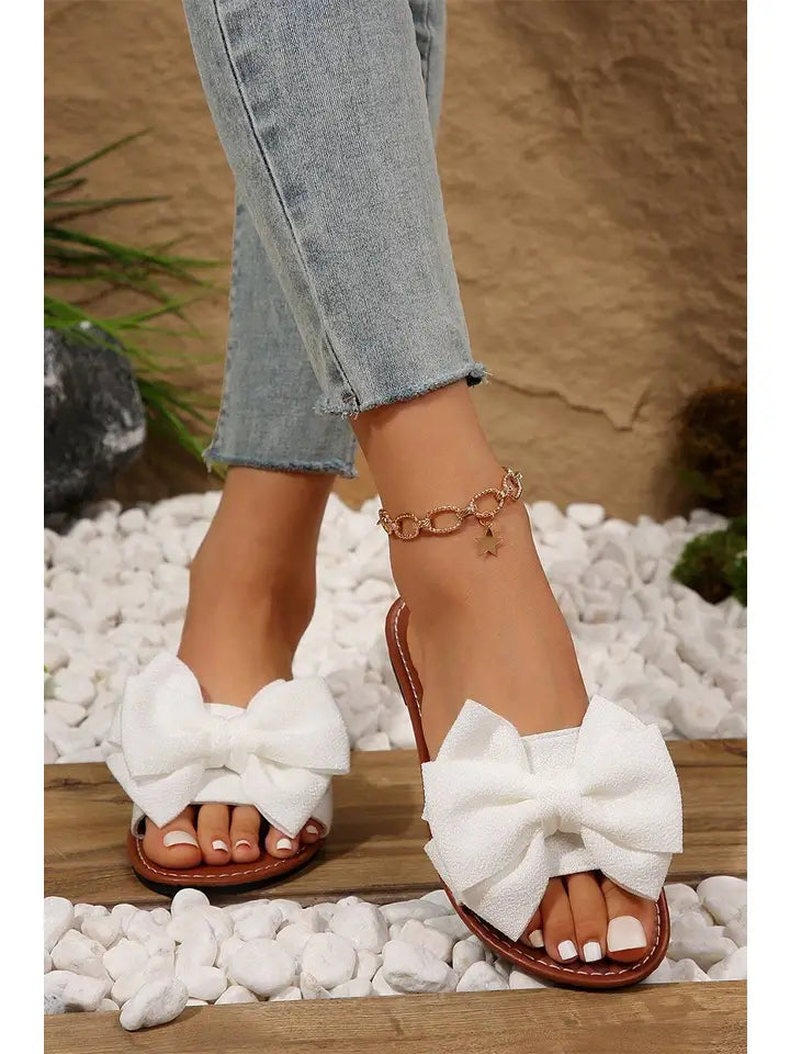 Bow Knot Decor Pu Leather Insole Flat Slippers