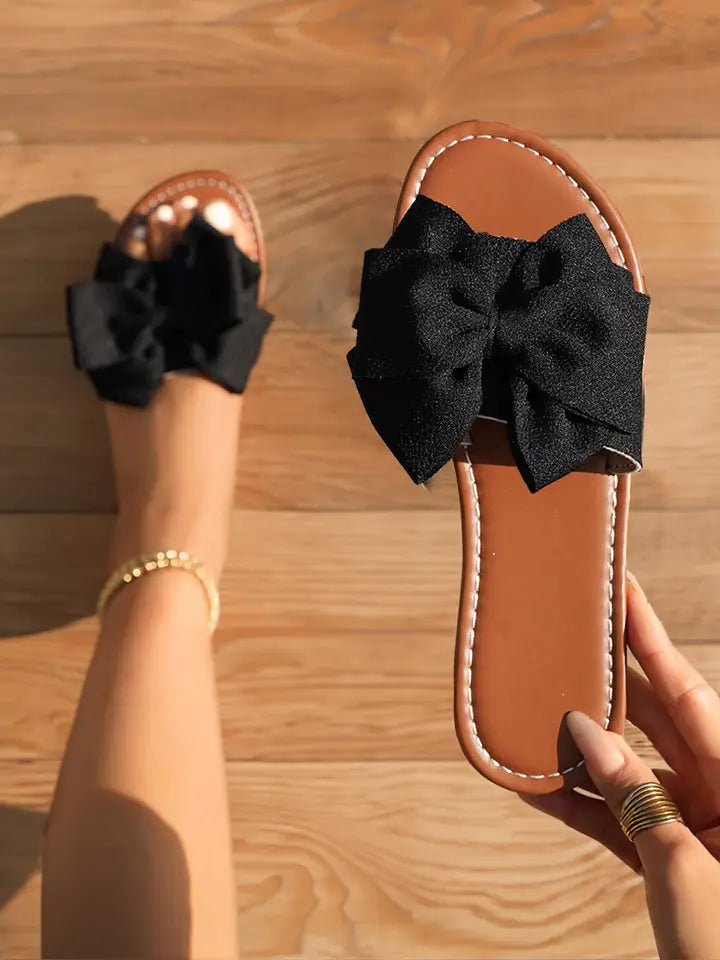 Bow Knot Decor Pu Leather Insole Flat Slippers