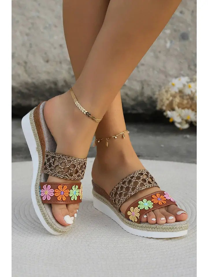 Leopard/ Floral Print Braided Details Wedge Slippers